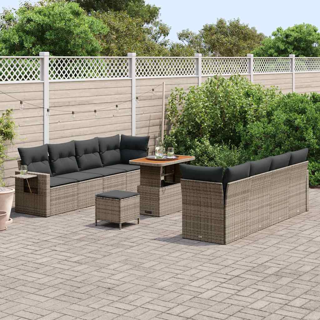 Set da Giardino  di 11 Pezzi con Cuscini Grigi in Rattan Sintetico e Acacia 3361723