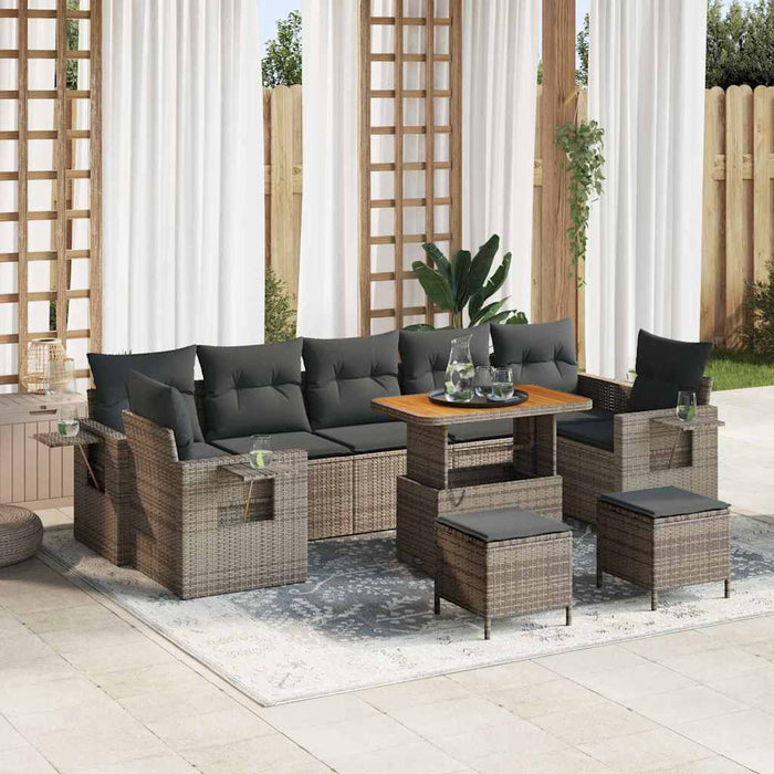 Set da giardino  di 10 pezzi con cuscini grigi in rattan sintetico e legno di acacia. 3361733
