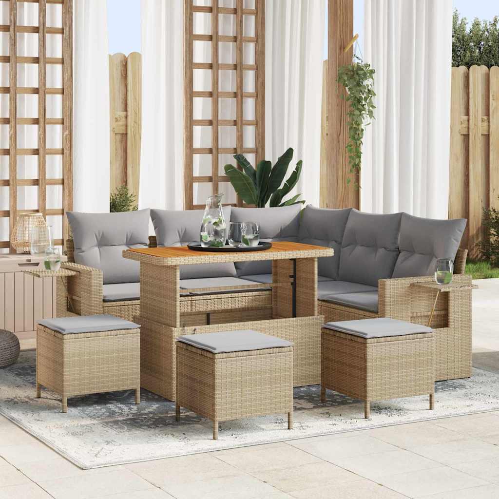 Set Giardino 9 Pezzi  con Cuscini Beige in Rattan e Acacia 3361752