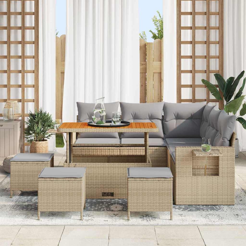 Set Giardino 9 Pezzi  con Cuscini Beige in Rattan e Acacia 3361752