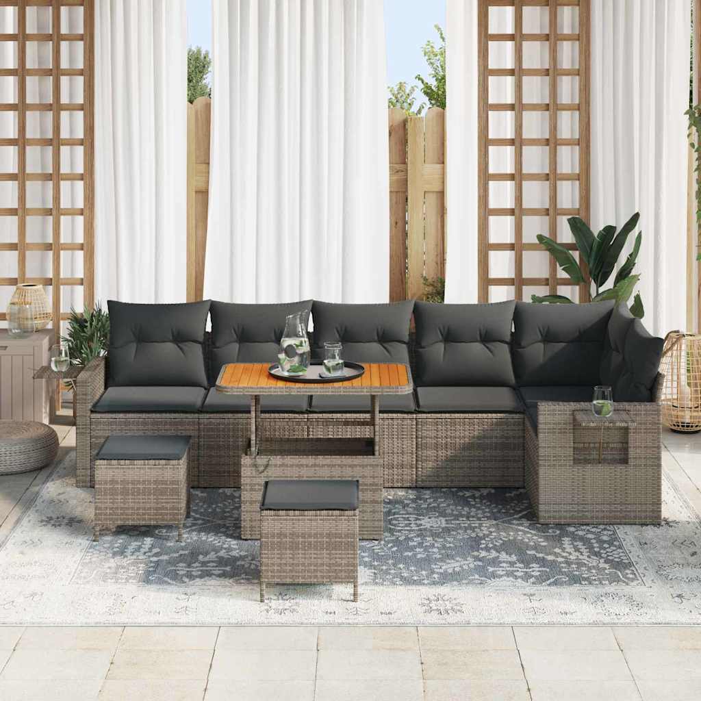 Set Divano da Giardino  9 Pezzi con Cuscini Grigio Polyrattan Acacia 3361768