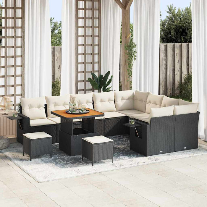 Set divano da giardino  di 12 pezzi con cuscini in rattan sintetico nero e acacia 3361780