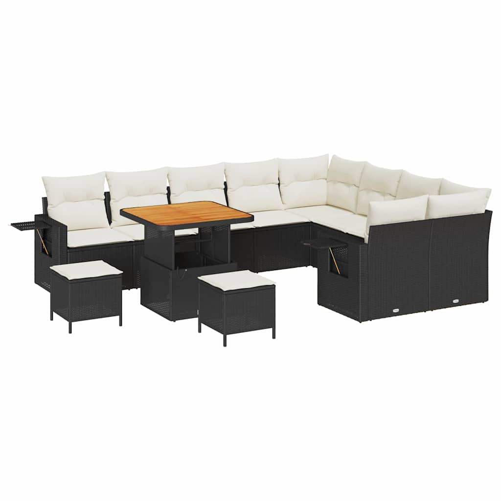 Set divano da giardino  di 12 pezzi con cuscini in rattan sintetico nero e acacia 3361780