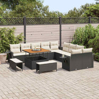 Set di divani da giardino da 13 pezzi con cuscini, in polirattan nero e acacia. 3361795