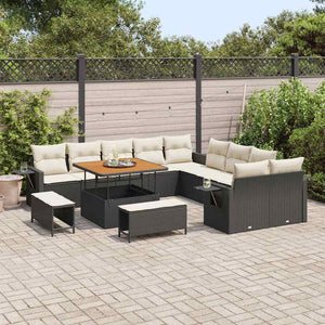 Set di divani da giardino da 13 pezzi con cuscini, in polirattan nero e acacia. 3361795