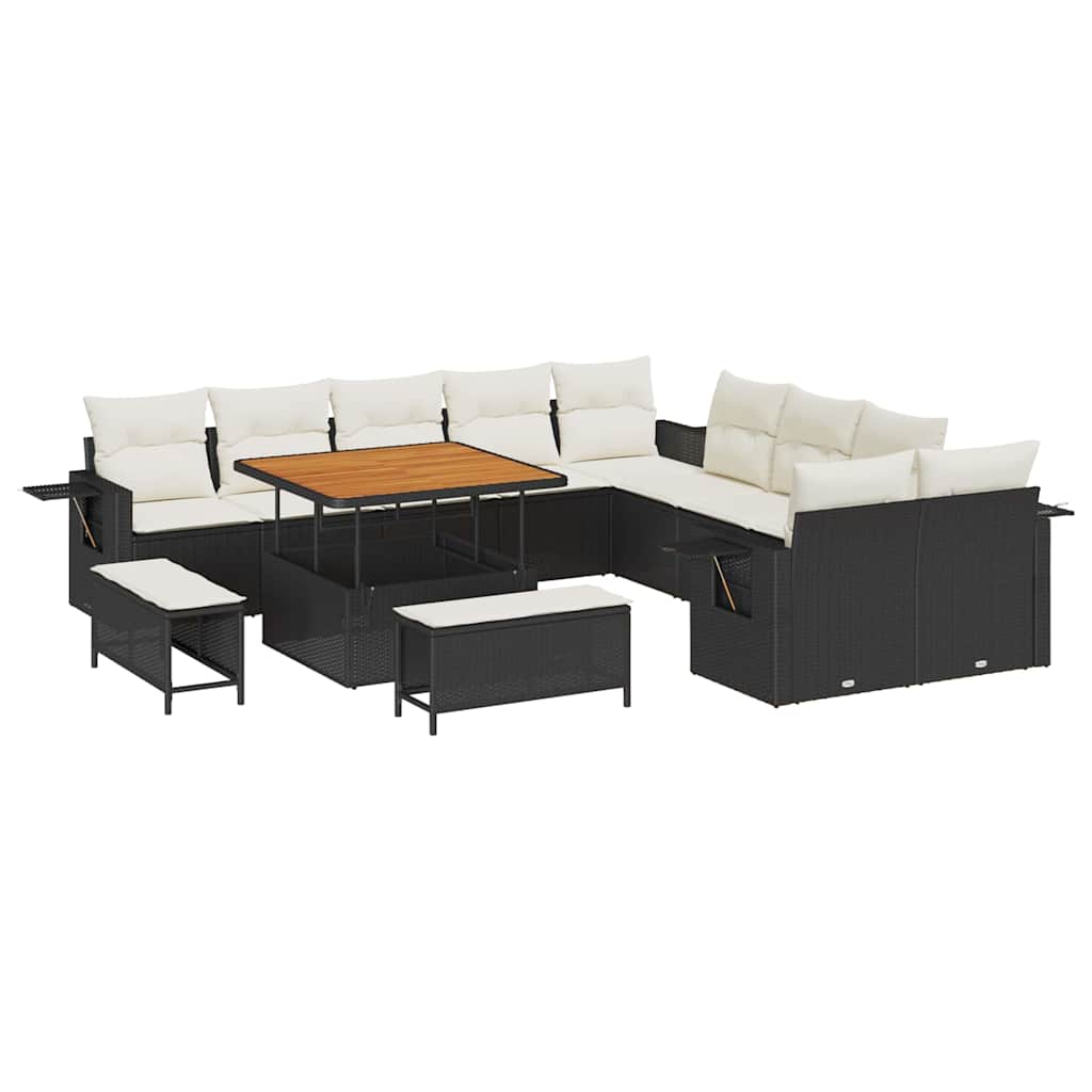 Set di divani da giardino da 13 pezzi con cuscini, in polirattan nero e acacia. 3361795