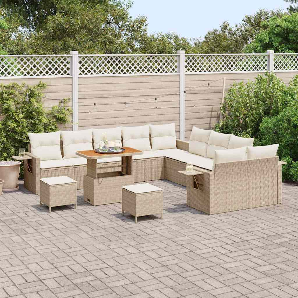 Set divano da giardino  da 13 pezzi con cuscini beige in rattan di polietilene e legno di acacia. 3361806