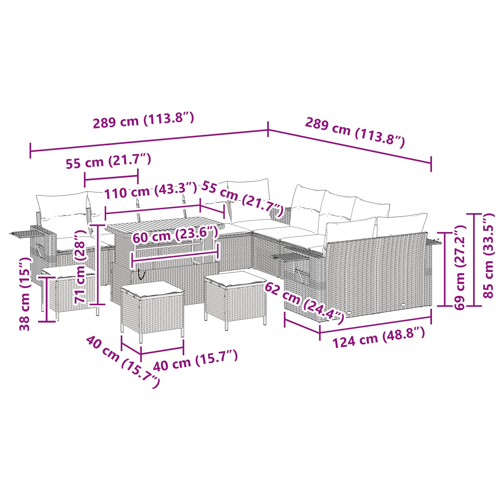 Set Divano da Giardino 14 pcs Nero polyrattan 3361809