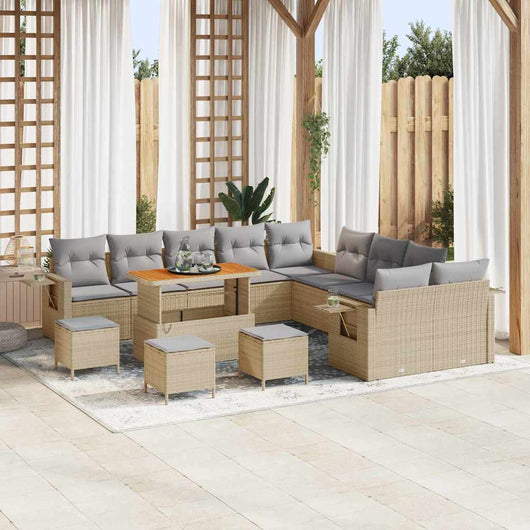 Set Divano da Giardino da 14 Pezzi con Cuscini in Rattan Sintetico Beige e Acacia. 3361812
