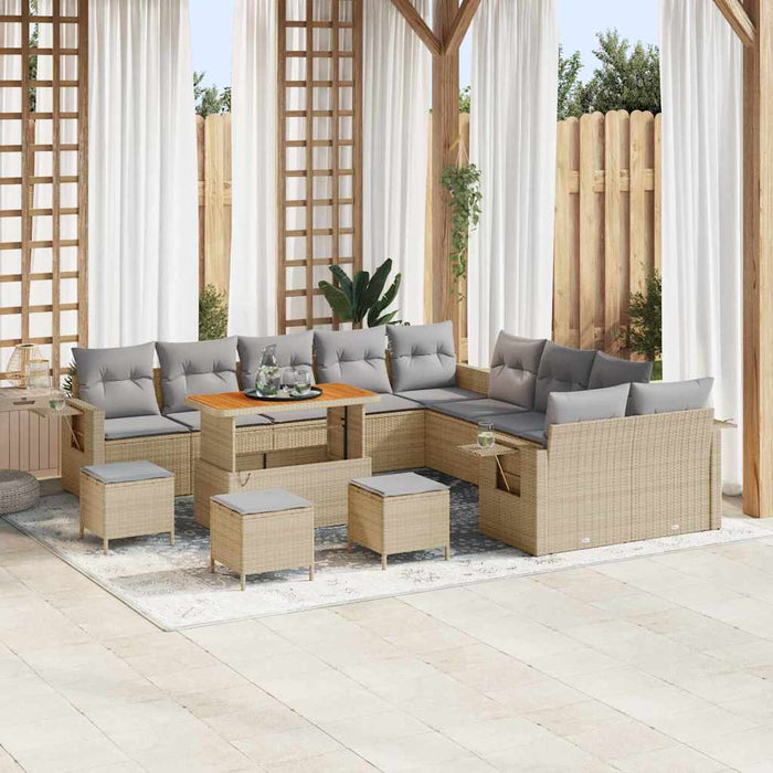 Set Divano da Giardino da 14 Pezzi con Cuscini in Rattan Sintetico Beige e Acacia. 3361812
