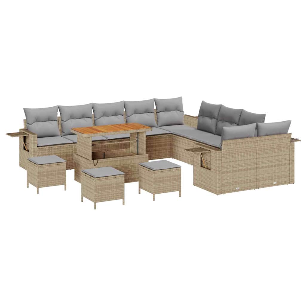 Set Divano da Giardino da 14 Pezzi con Cuscini in Rattan Sintetico Beige e Acacia. 3361812