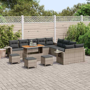 Set di divani da giardino  di 14 pezzi con cuscini, grigio, in rattan sintetico e acacia. 3361813