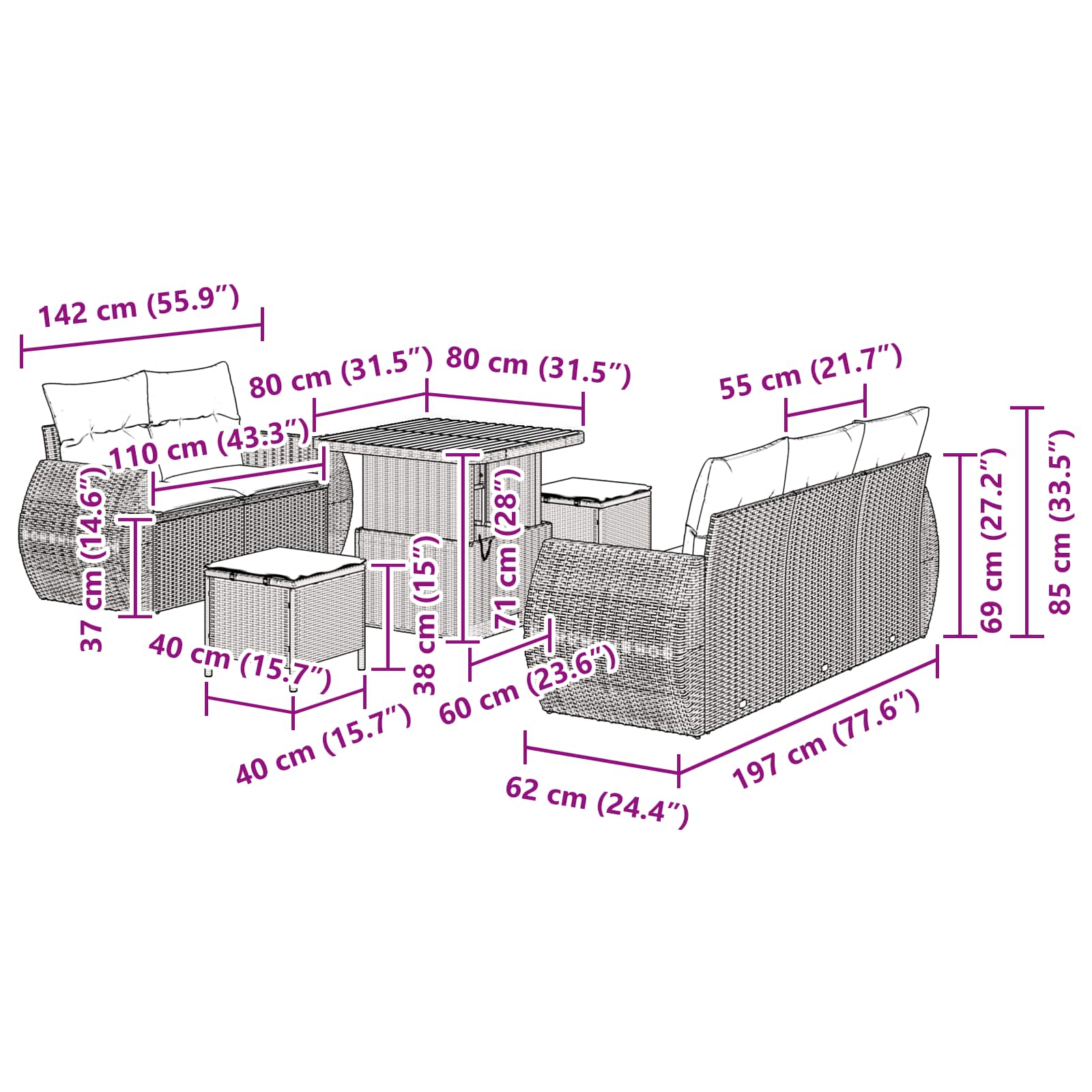 Set Divano da Giardino 8 pcs Nero polyrattan 3361814