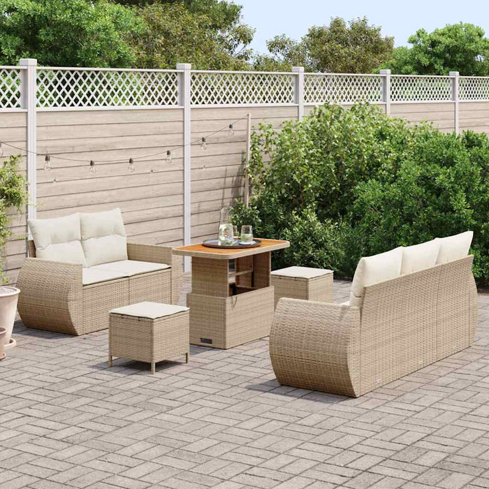 Set di divani da giardino , 8 pezzi con cuscini in rattan poli-beige e legno di acacia. 3361821