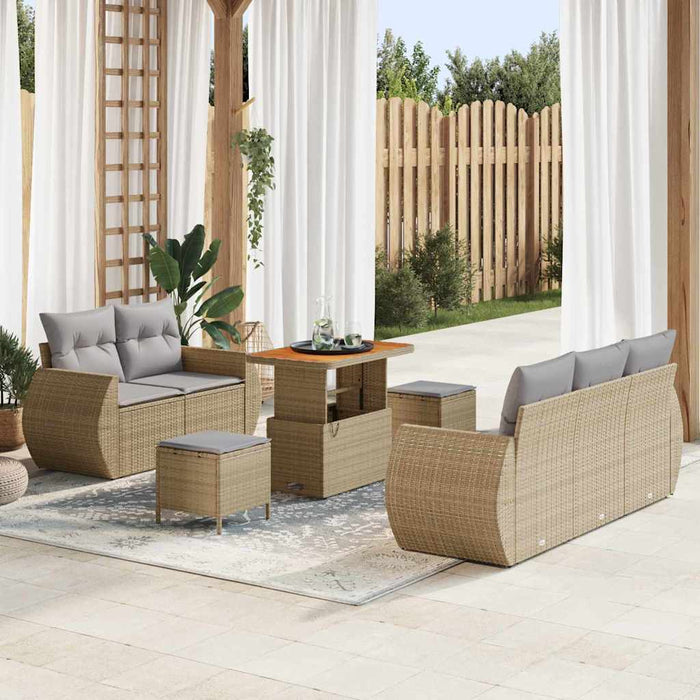 Set divani da giardino 8 pezzi con cuscini beige in rattan e legno di acacia. 3361822