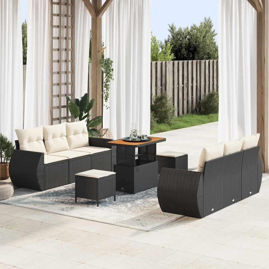 Set di divano da giardino da 9 pezzi con cuscini in rattan nero e legno di acacia 3361830
