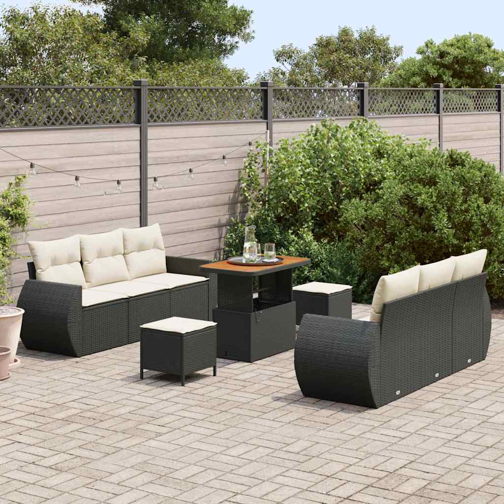 Set di divano da giardino da 9 pezzi con cuscini in rattan nero e legno di acacia 3361830