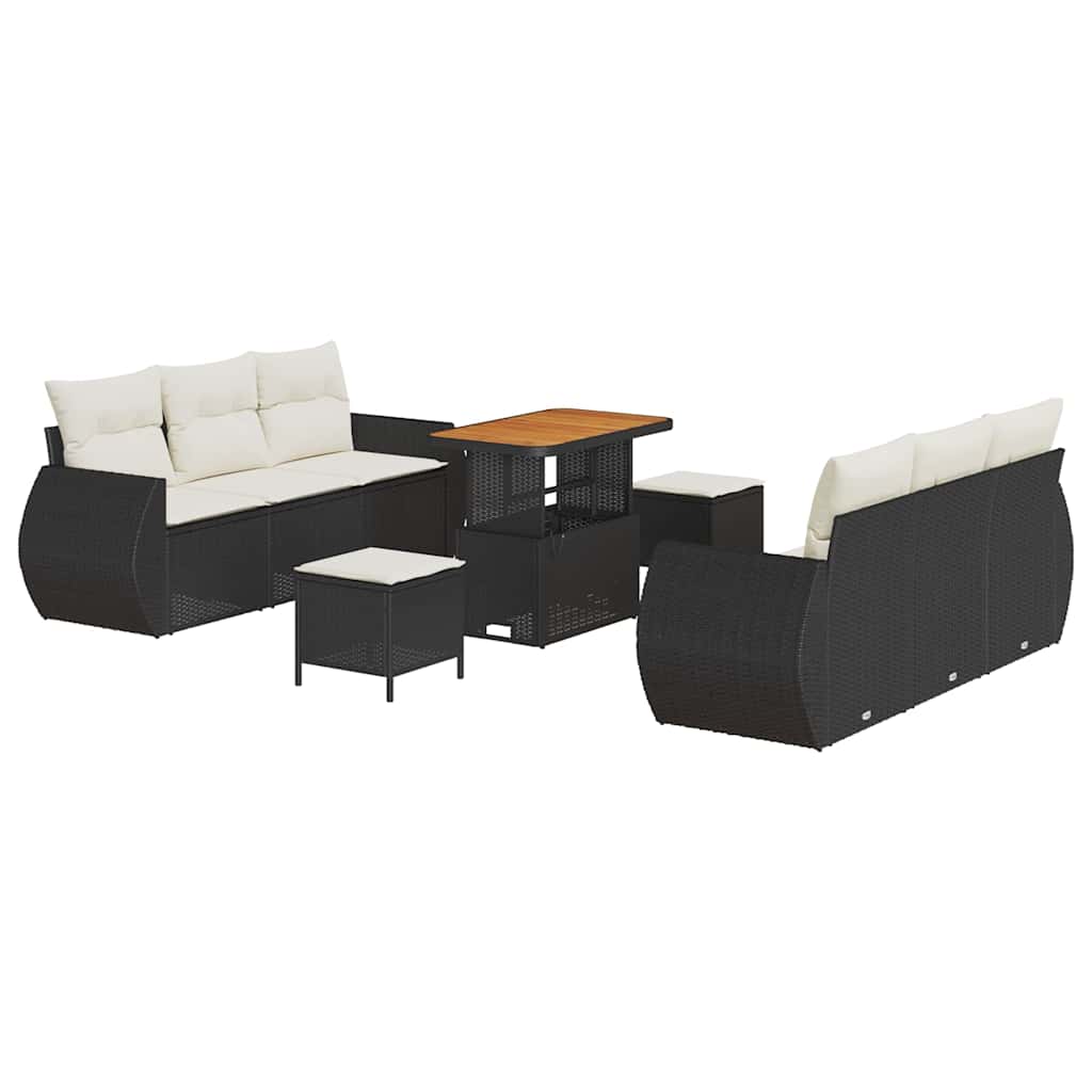 Set di divano da giardino da 9 pezzi con cuscini in rattan nero e legno di acacia 3361830