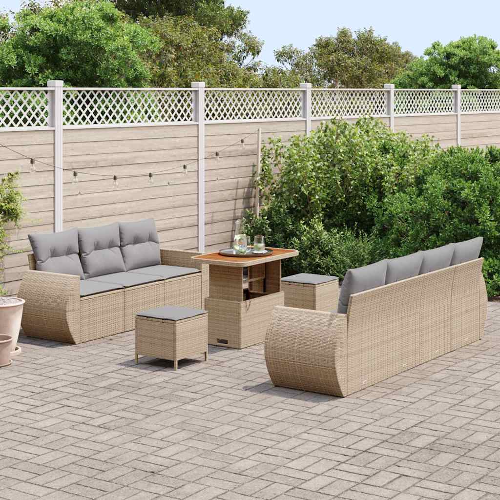 Set di divani da giardino 10 pezzi con cuscini in rattan poliuretanico beige e legno di acacia 3361842