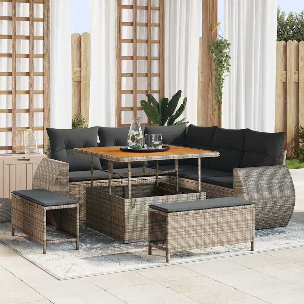 Set di divani da giardino da 8 pezzi con cuscini grigi in rattan sintetico e legno di acacia 3361868