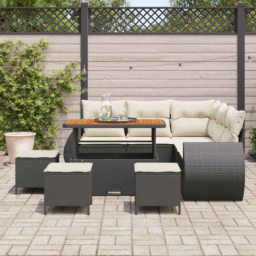 Set Divano da Giardino 9 Pezzi  con Cuscini in Poly Rattan Nero e Acacia 3361880