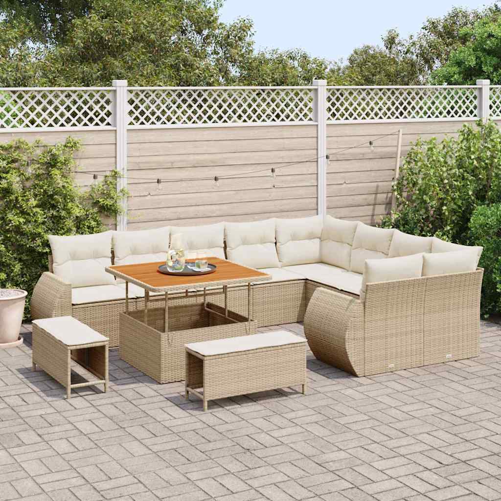 Set Divano da Giardino da 12 Pezzi con Cuscini Beige in Rattan e Acacia di 3361906