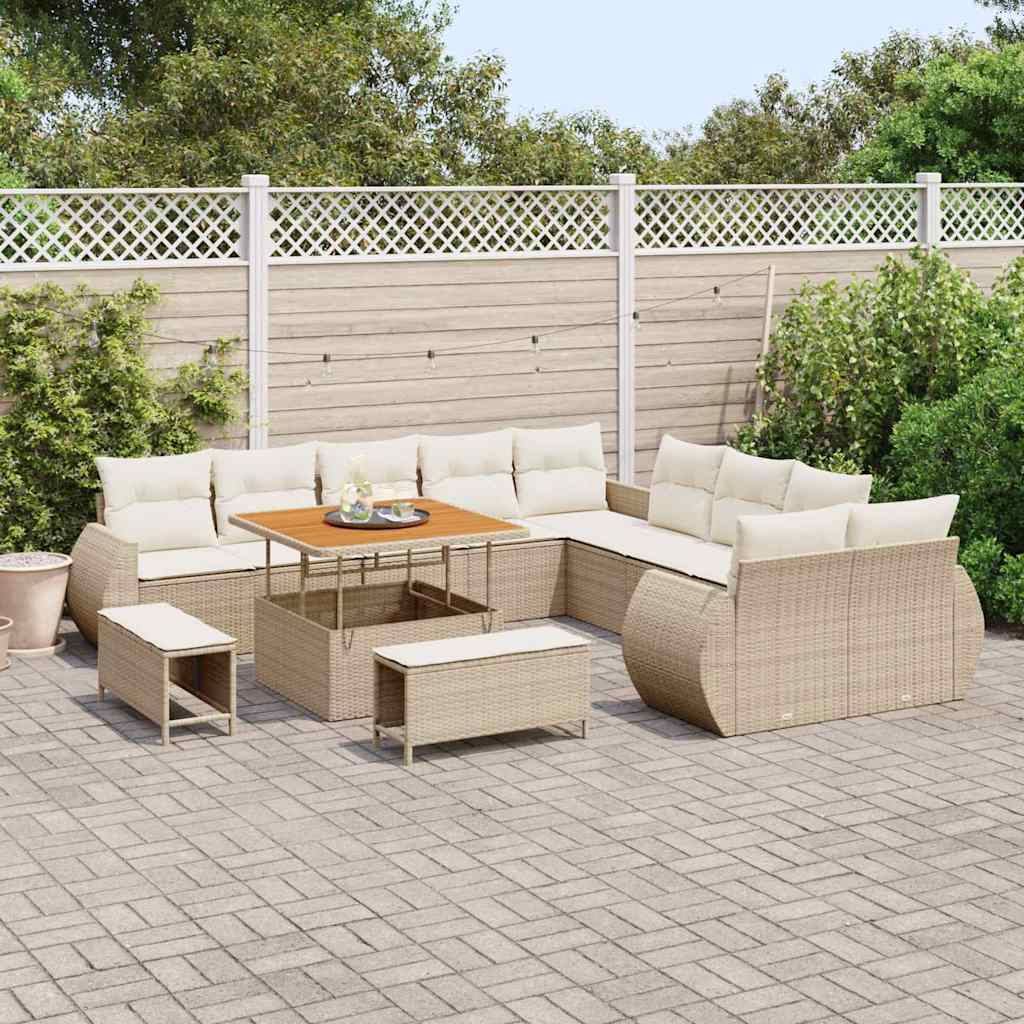 Set di divani da giardino 13 pezzi  con cuscini, rattan polipropilene beige e legno di acacia. 3361926