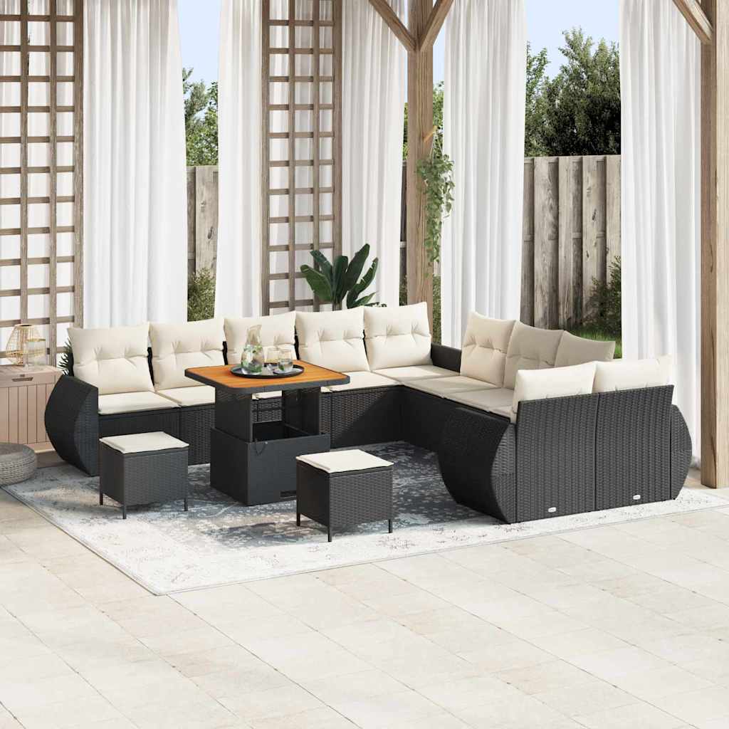 Set da Divano da Giardino  a 13 Pezzi con Cuscini in Rattan Poli Nero e Acacia. 3361930