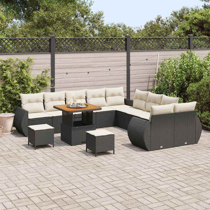 Set da Divano da Giardino  a 13 Pezzi con Cuscini in Rattan Poli Nero e Acacia. 3361930