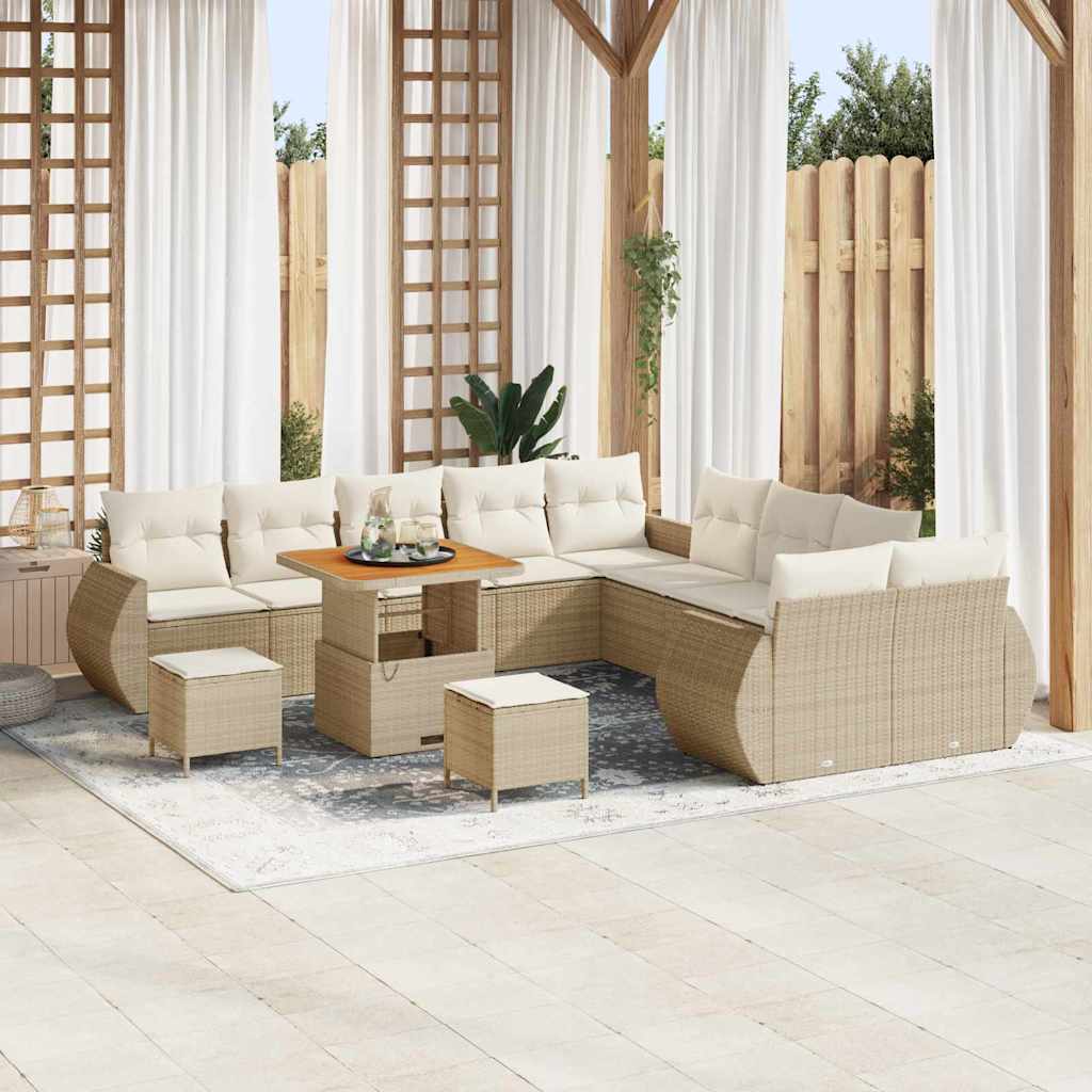 Set di divani da giardino  a 13 pezzi con cuscini beige in rattan sintetico e legno di acacia. 3361931