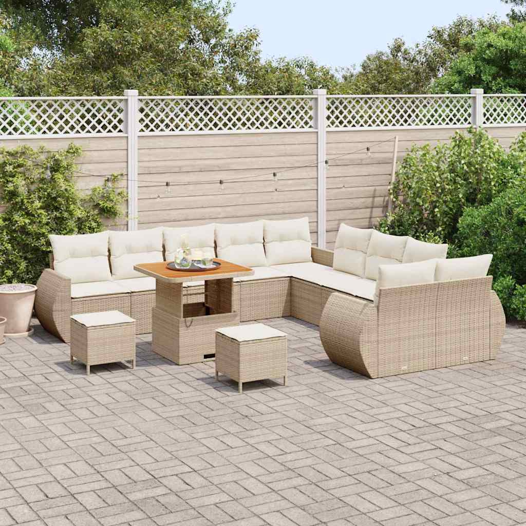 Set di divani da giardino  a 13 pezzi con cuscini beige in rattan sintetico e legno di acacia. 3361931