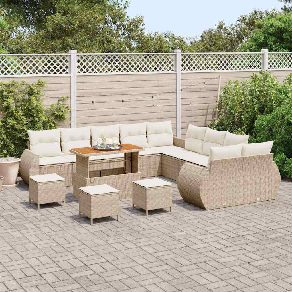 Set divano da giardino, 14 pezzi, con cuscini in rattan sintetico beige e legno di acacia. 3361941