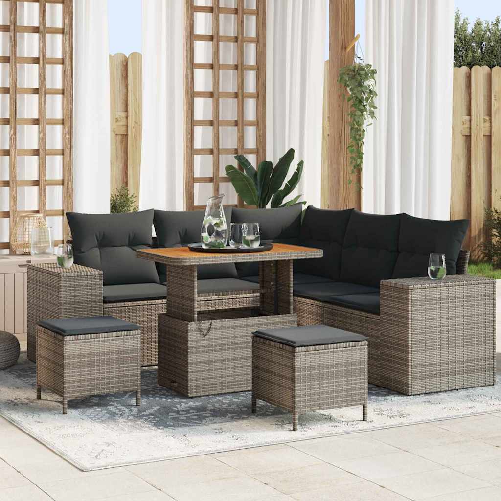 Set di divani da giardino 8 pezzi  con cuscini in rattan grigio e acacia 3362008