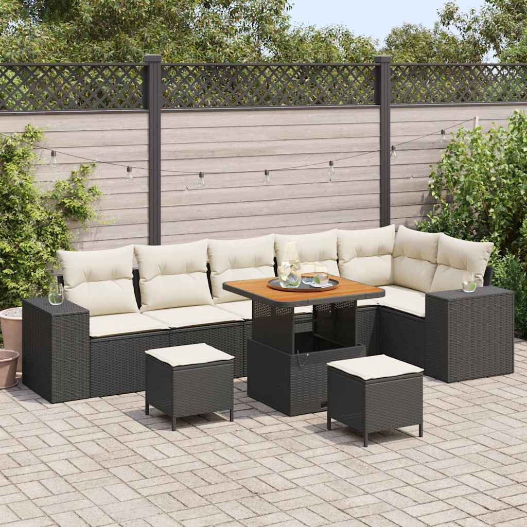 Set di Divani da Giardino  9 Pezzi con Cuscini Neri in Rattan Sintetico e Acacia. 3362020