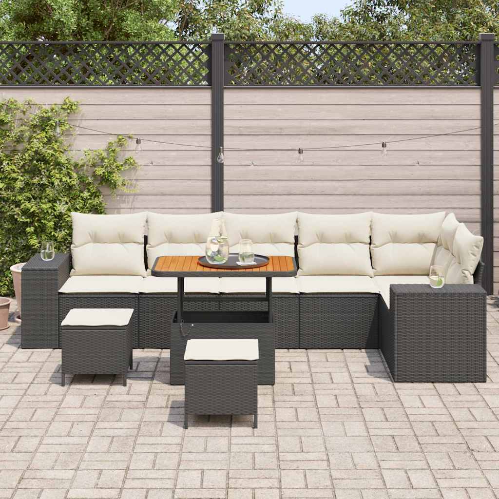 Set Giardino  9 Pezzi in Rattan Plastico Nero con Cuscini 3362025