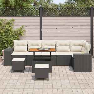 Set Giardino  9 Pezzi in Rattan Plastico Nero con Cuscini 3362025