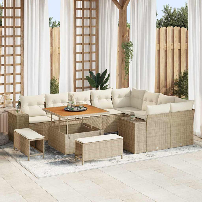 Set divani da giardino 12 pezzi con cuscini beige in polirattan e acacia 3362036