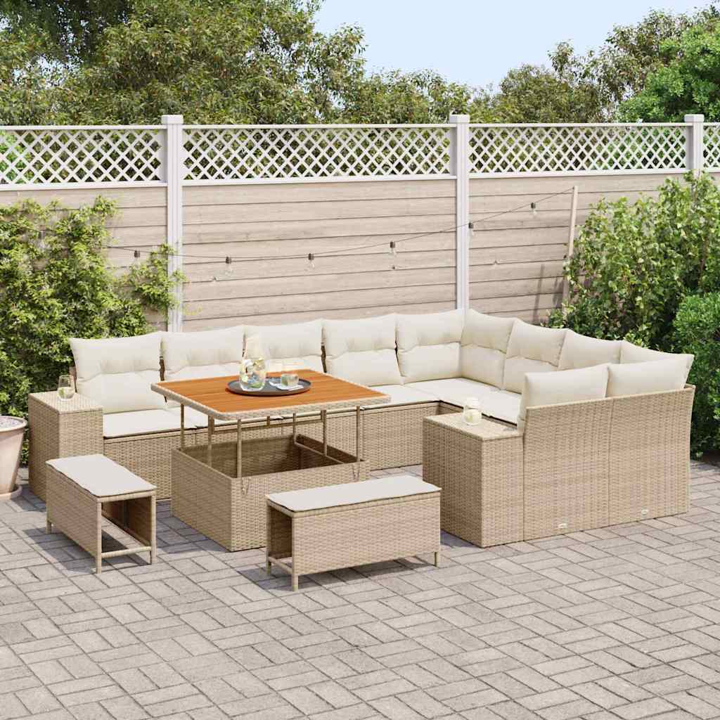 Set divani da giardino 12 pezzi con cuscini beige in polirattan e acacia 3362036