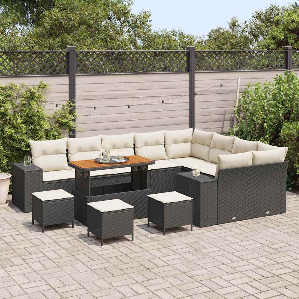 Set di divani da giardino  con cuscini in rattan sintetico nero e acacia, 13 pezzi 3362050