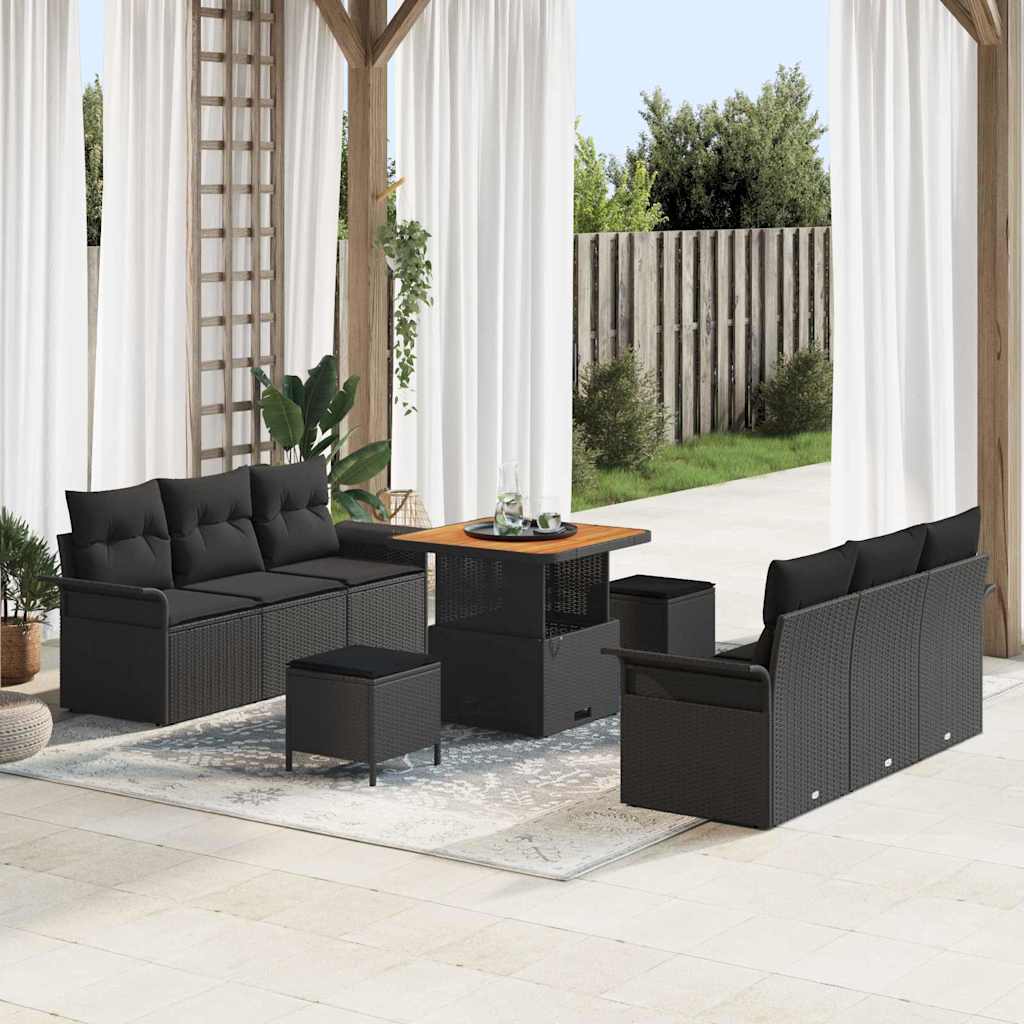 Set di divani da giardino 9 pezzi vitaXL con cuscini in rattan sintetico nero e acacia. 3362084
