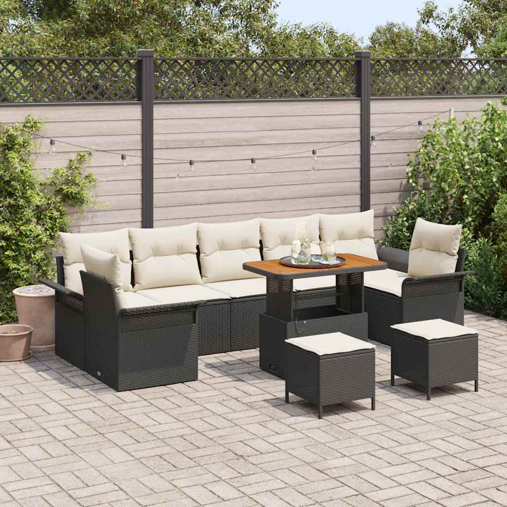 Set Divano da Giardino con Cuscini a 10 Pezzi in Polyrattan Nero e Legno di Acacia 3362120