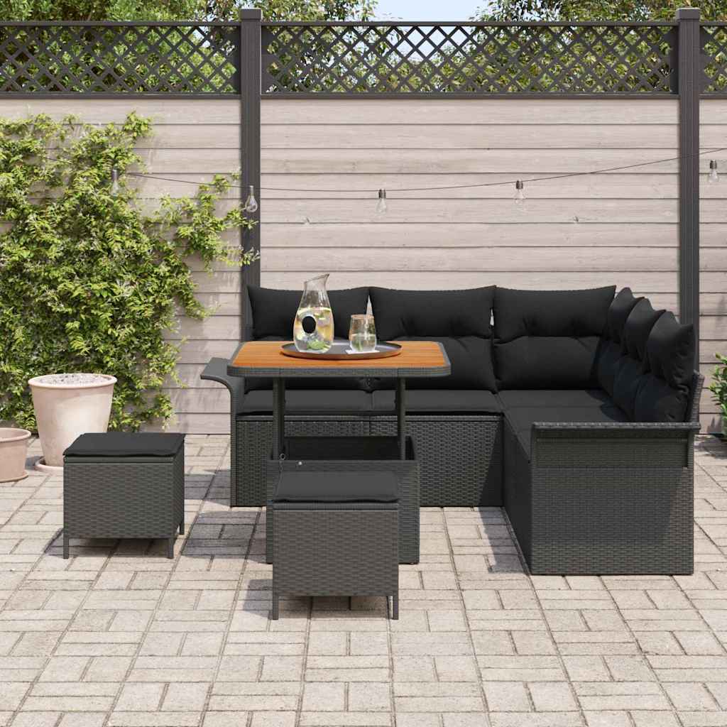 Set da Giardino  8 Pezzi con Cuscini in Rattan Sintetico Nero e Acacia 3362129