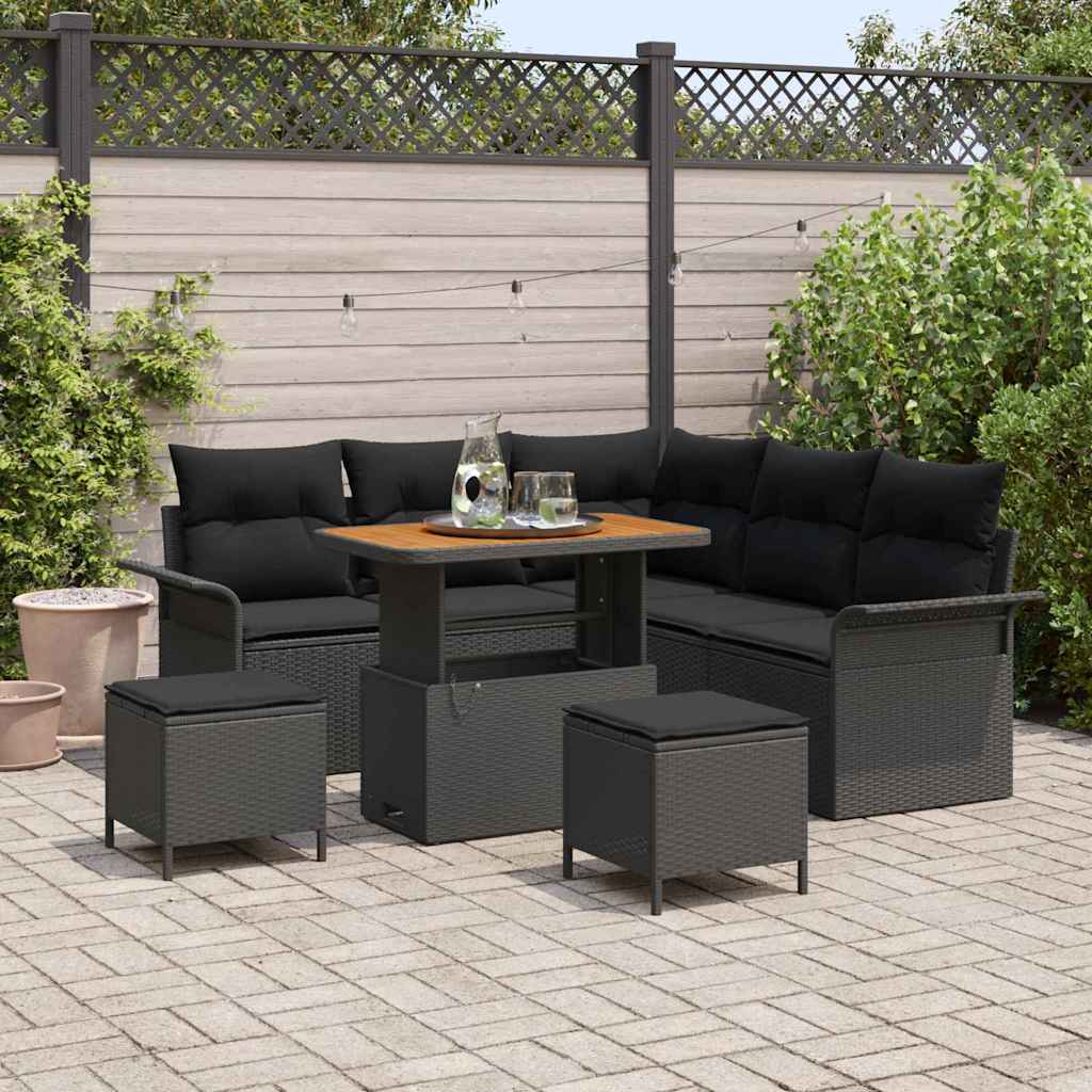 Set di divani da giardino da 8 pezzi con cuscini in rattan poliestere nero e acacia. 3362134