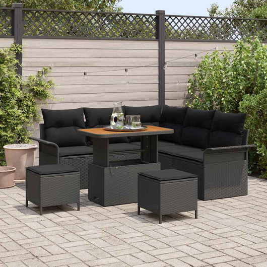 Set di divani da giardino da 8 pezzi con cuscini in rattan poliestere nero e acacia. 3362134