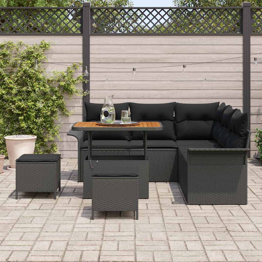 Set di divani da giardino da 8 pezzi con cuscini in rattan poliestere nero e acacia. 3362134