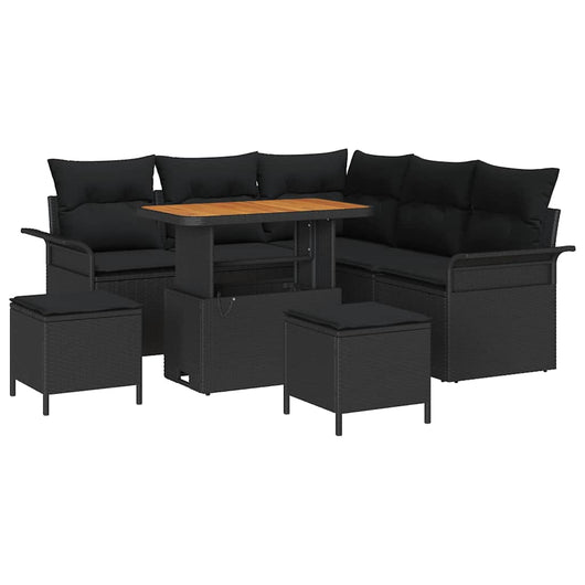 Set di divani da giardino da 8 pezzi con cuscini in rattan poliestere nero e acacia. 3362134