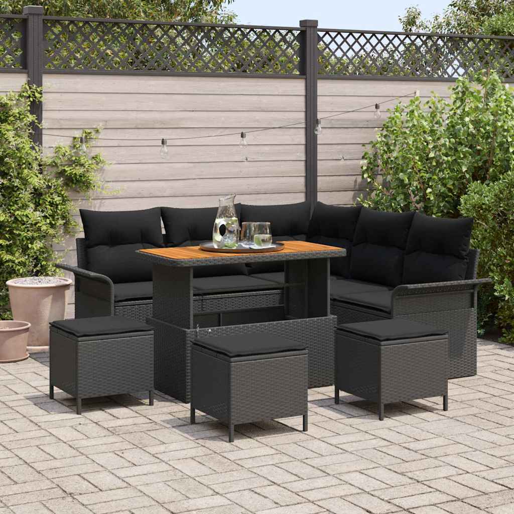 Set di divani da giardino  9 pezzi con cuscini in rattan e poliestere nero e legno di acacia 3362139
