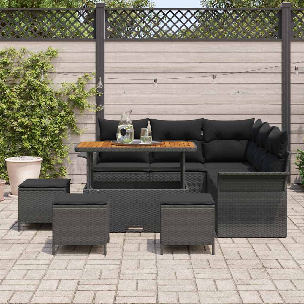 Set di divani da giardino  9 pezzi con cuscini in rattan e poliestere nero e legno di acacia 3362139