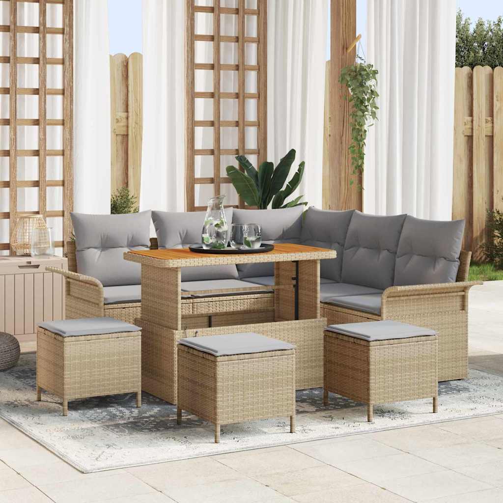Set Divano da Giardino in 9 Pezzi con Cuscini Beige in Poly Rattan e Legno di Acacia. 3362142