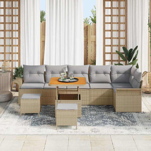 Set da giardino di 9 pezzi  con cuscini in polirattan beige e acacia. 3362152